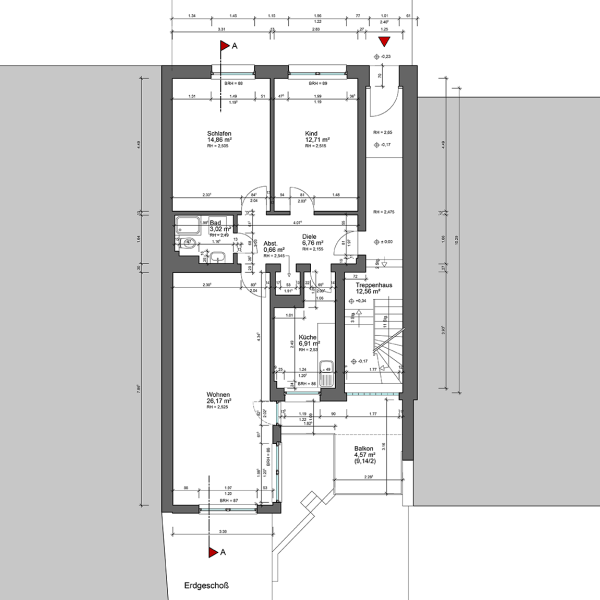 CAD-Bestandsgrundriss eines Mehrfamilienhauses in Düsseldorf